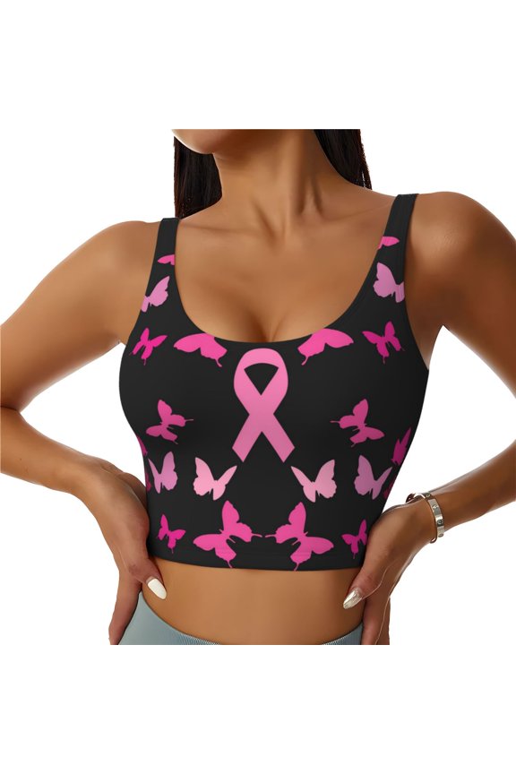 Breast Cancer Print Women's Sports Vest, Low-neck U-shaped Removable Pad Sports Bra for Yoga, Exercise, Dance-Medium