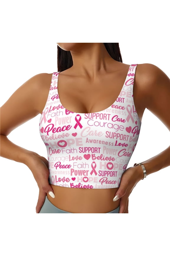 Breast Cancer Ribbons Awareness Print Women's Sports Vest, Low-neck U-shaped Removable Pad Sports Bra for Yoga, Exercise, Dance-X-Large