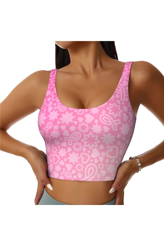 Breast CancerN Ribbons Awareness Print Women's Sports Vest, Low-neck U-shaped Removable Pad Sports Bra for Yoga, Exercise, Dance-Medium