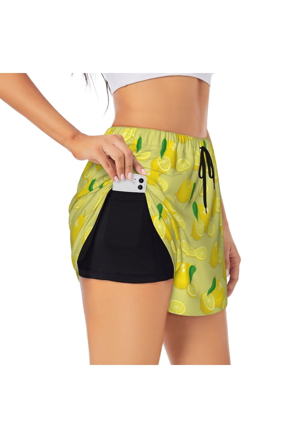 Bright Lemons Print Women's Sports Shorts with Drawstring Elastic Waistband for Running, Yoga, Fitness-Large