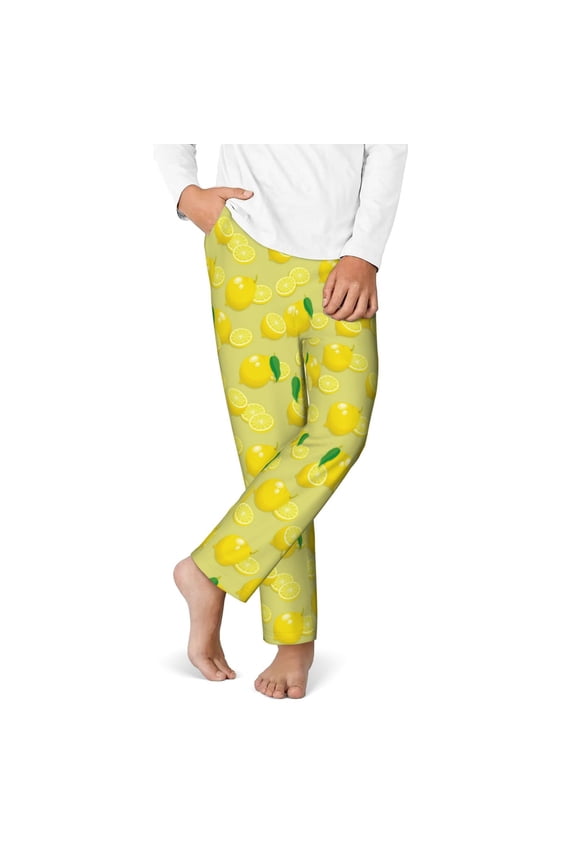 Bright Lemons Print Youth Home Trousers, Elastic Waistband with Pockets for Home and Outing, Suitable for Children Aged 5-16-Large