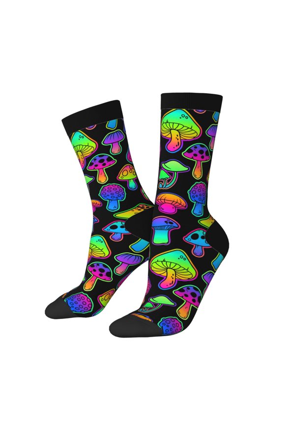 Bright Mushrooms Print Contrast Color Mid-calf Socks, Sweat-wicking Athletic Socks, Unisex Clothing Accessories