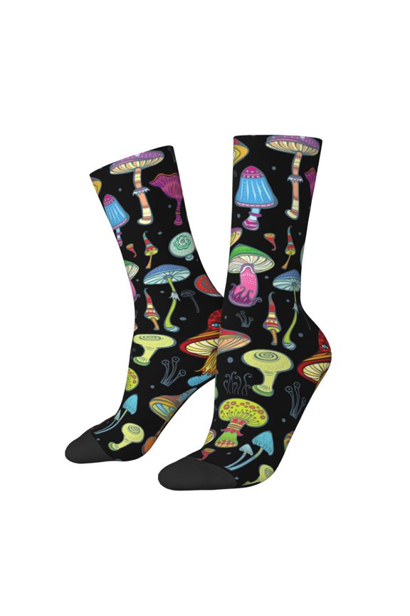 Bright Mushrooms Print Contrast Color Mid-calf Socks, Sweat-wicking Athletic Socks, Unisex Clothing Accessories
