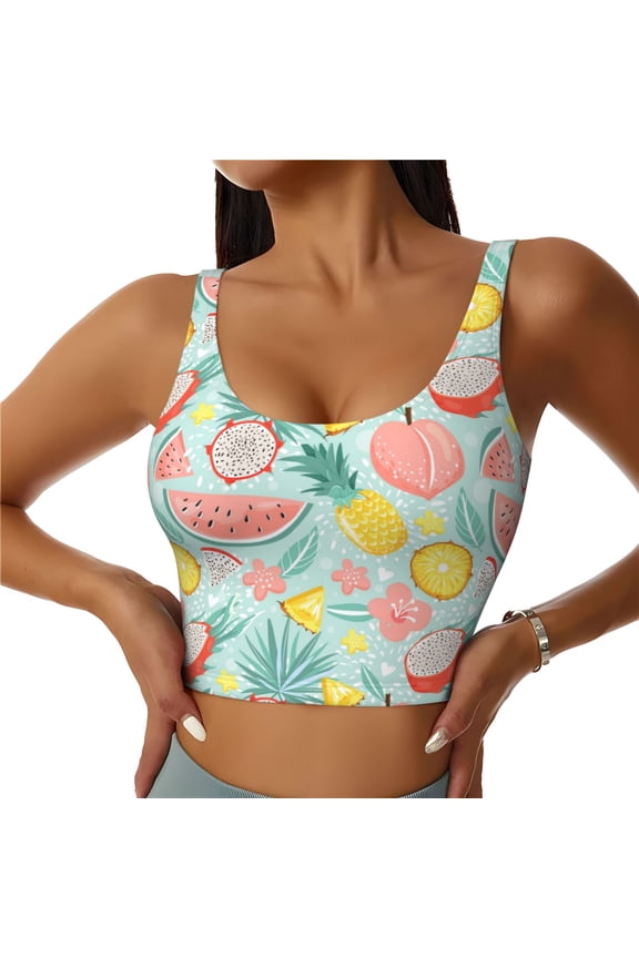 Bright Peach Print Women's Sports Vest, Low-neck U-shaped Removable Pad Sports Bra for Yoga, Exercise, Dance-XX-Large