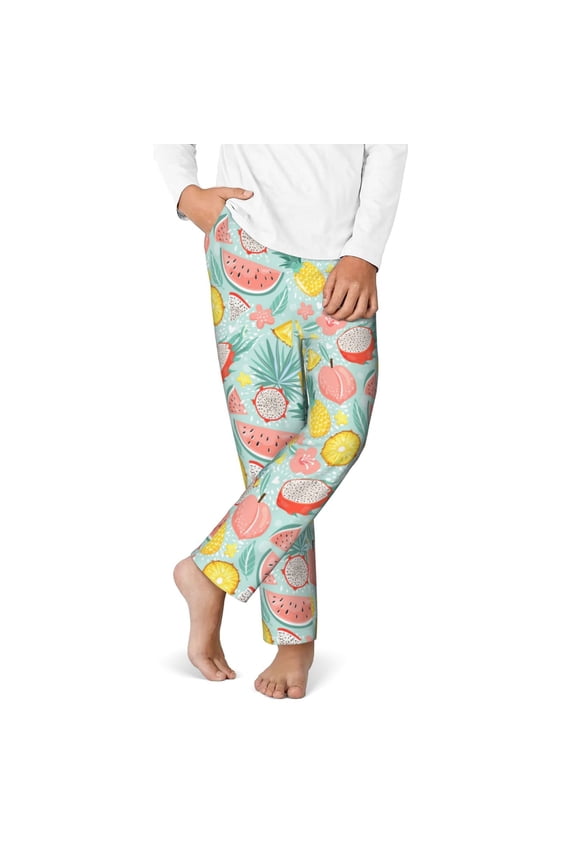Bright Peach Print Youth Home Trousers, Elastic Waistband with Pockets for Home and Outing, Suitable for Children Aged 5-16-Medium