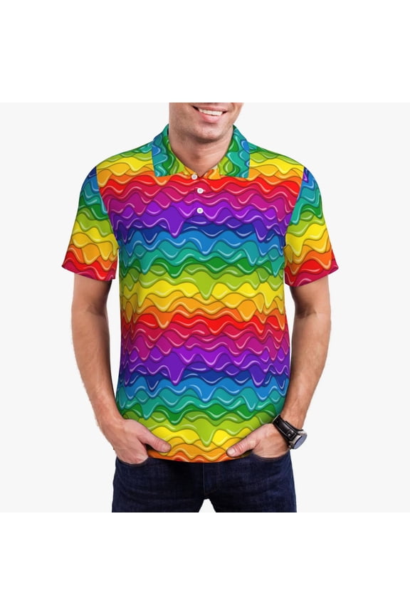 Bright Rainbow Print Men's Quick-drying POLO Shirt, Button-down Summer T-shirt, Suitable for Work and Outdoor Activities-Medium