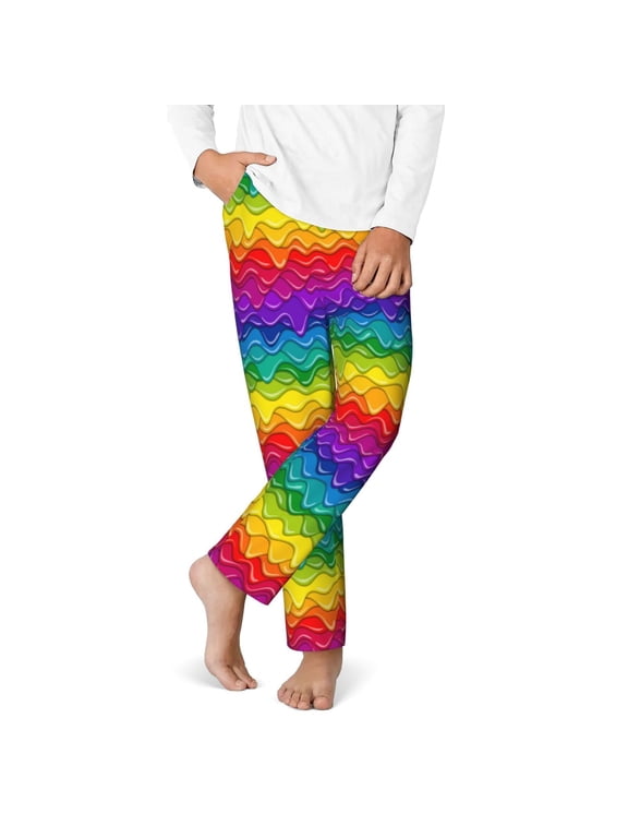 Bright Rainbow Print Youth Home Trousers, Elastic Waistband with Pockets for Home and Outing, Suitable for Children Aged 5-16-Small
