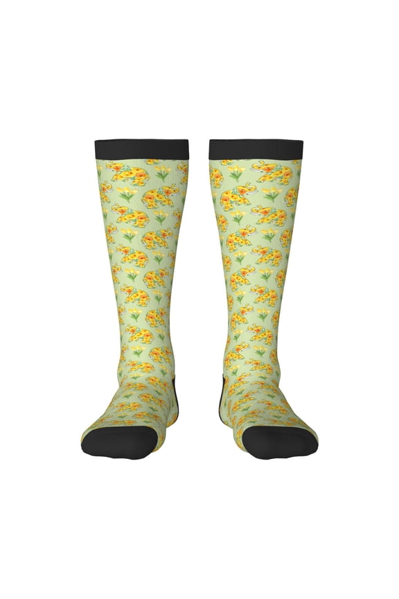 Bright floral elephant Print Contrast Color Stockings, Elastic Sports Socks Warm Socks Clothing Accessories, Adult Unisex