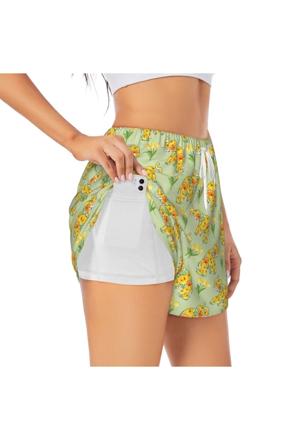 Bright floral elephant Print Women's Sports Shorts with Drawstring Elastic Waistband for Running, Yoga, Fitness-XX-Large
