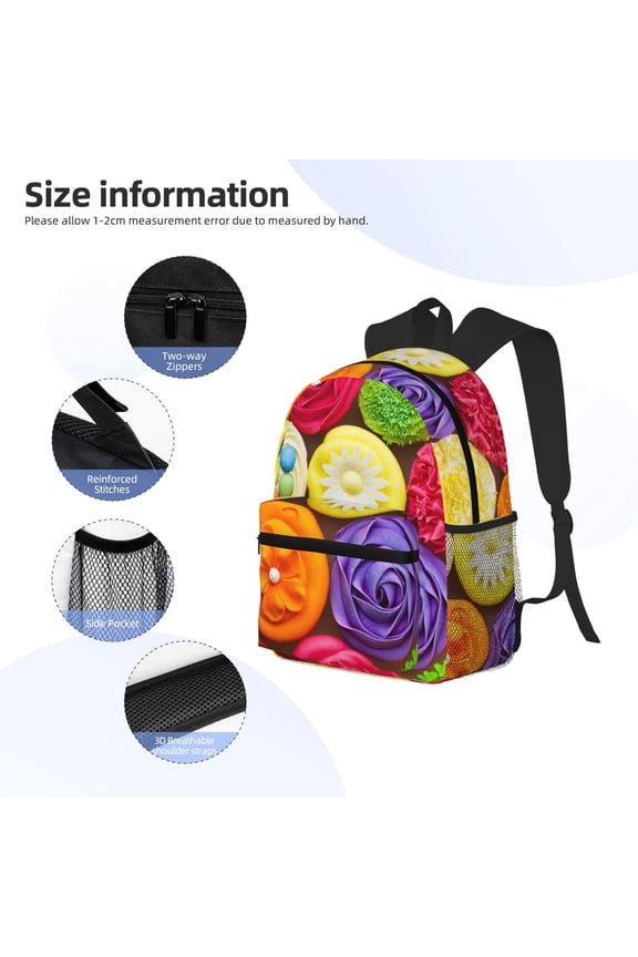 Brightly Colored Cupcakes Print Backpack, Waterproof Backpack with Adjustable Shoulder Straps, Suitable for Campus, Business, Travel, Unisex