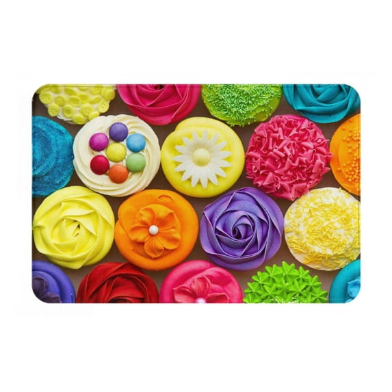 Gukieu Brightly Colored Cupcakes Print Dust-proof Floor Mats, Water-absorbent and Non-slip Flannel Door Mats 16x24in, Home Decoration Suitable for Kitchen, Bathroom, Garage