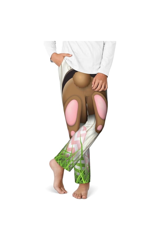 Brown Bunny Print Youth Home Trousers, Elastic Waistband with Pockets for Home and Outing, Suitable for Children Aged 5-16-Medium