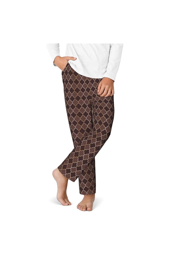 Brown Gold Grid Print Youth Home Trousers, Elastic Waistband with Pockets for Home and Outing, Suitable for Children Aged 5-16-Large