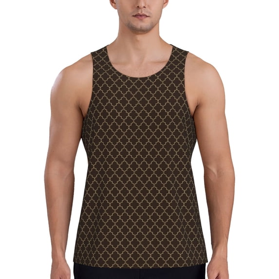 Gukieu Brown Moroccan Trellis Print Men's Quick Dry Fitness Vest, Round Neck Sleeveless Fitness Bodybuilding Top-X-Large