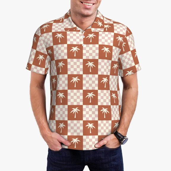 Gukieu Brown Palms Print Men's Quick-drying POLO Shirt, Button-down Summer T-shirt, Suitable for Work and Outdoor Activities-Small