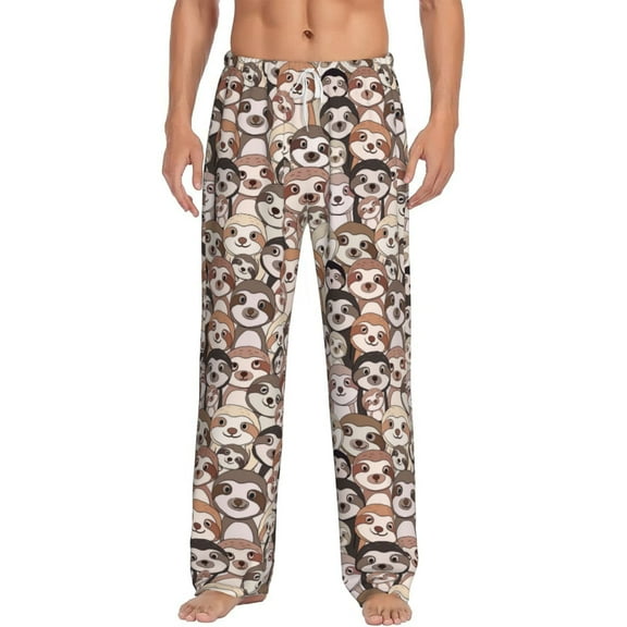 Gukieu Brown Sloth Print Men's Home Trousers, Elastic Drawstring Home Pajamas Clothing Suitable for Adult Men-Large