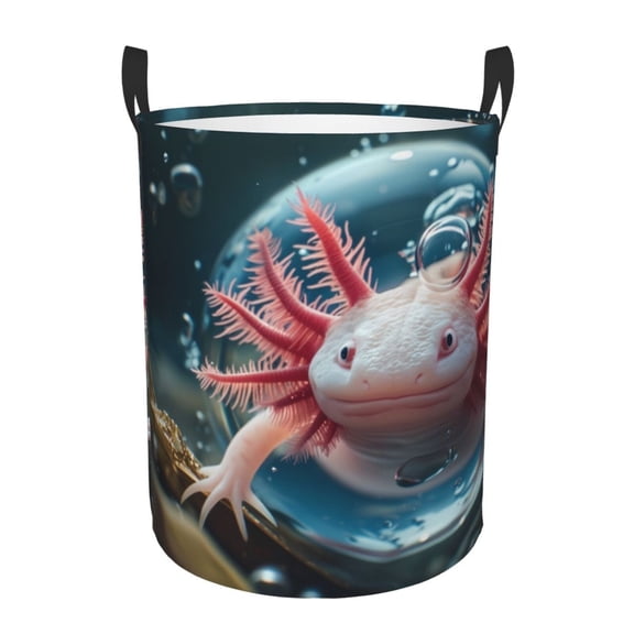 Gukieu Bubbles Axolotl Fantasy Print Round Dirty Clothes Bag, Waterproof Standing Home Bathroom Storage Basket Car Trunk Storage Bag-Small