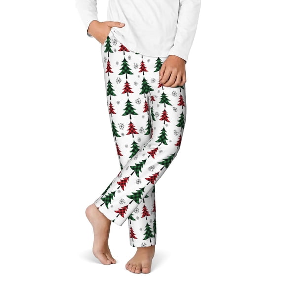 Gukieu Buffalo Plaid Christmas Trees Print Youth Home Trousers, Elastic Waistband with Pockets for Home and Outing, Suitable for Children Aged 5-16-Small