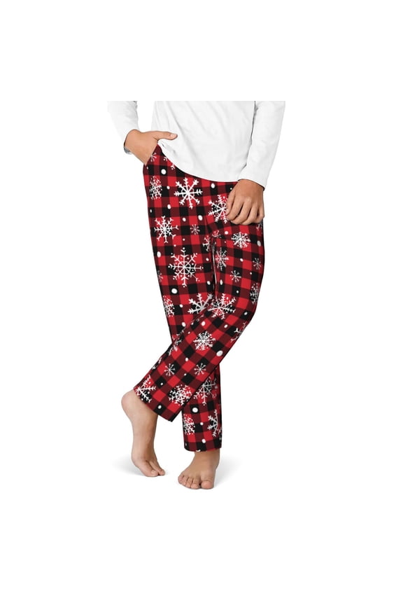 Buffalo Plaid Snowflakes Print Youth Home Trousers, Elastic Waistband with Pockets for Home and Outing, Suitable for Children Aged 5-16-Large