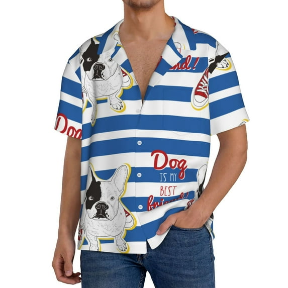 Gukieu Bulldog Friend Print Men's Short-sleeved Shirts, Button-down Pocket Shirts, T-shirts, Beach Vacation Travel Summer Clothing-Medium