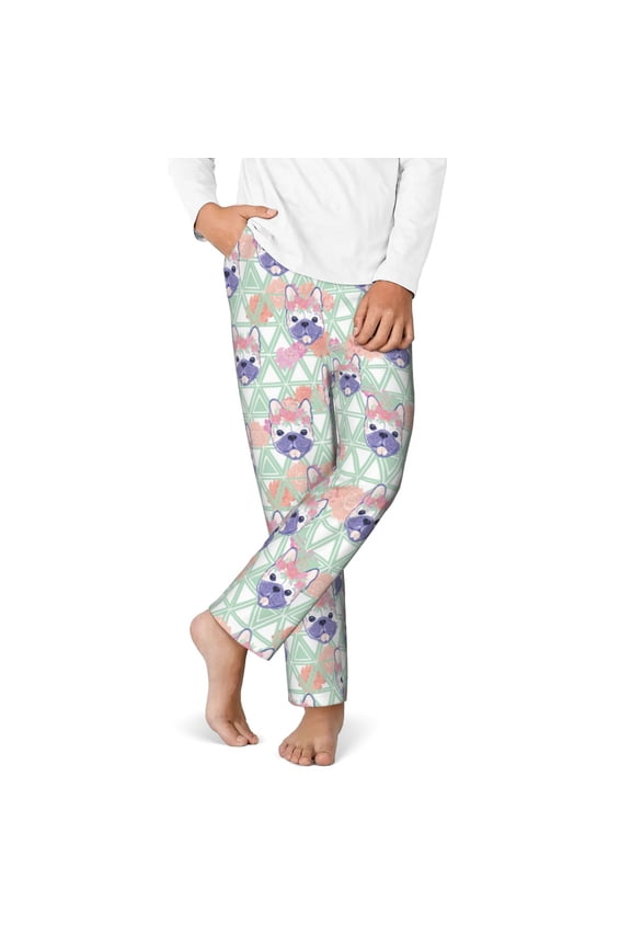 Bulldog Print Youth Home Trousers, Elastic Waistband with Pockets for Home and Outing, Suitable for Children Aged 5-16-XS(5-6)