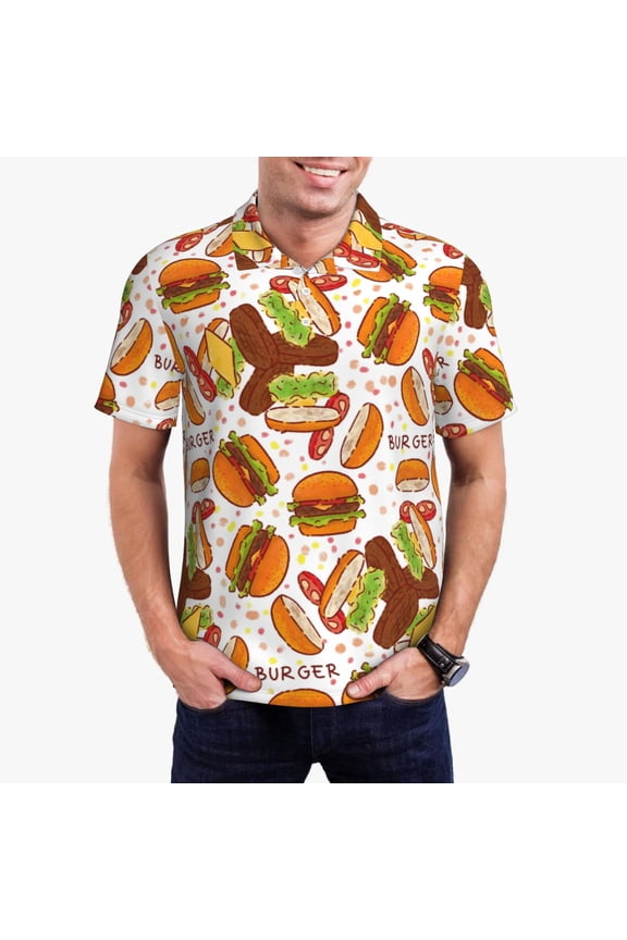 Burger Print Men's Quick-drying POLO Shirt, Button-down Summer T-shirt, Suitable for Work and Outdoor Activities-Small