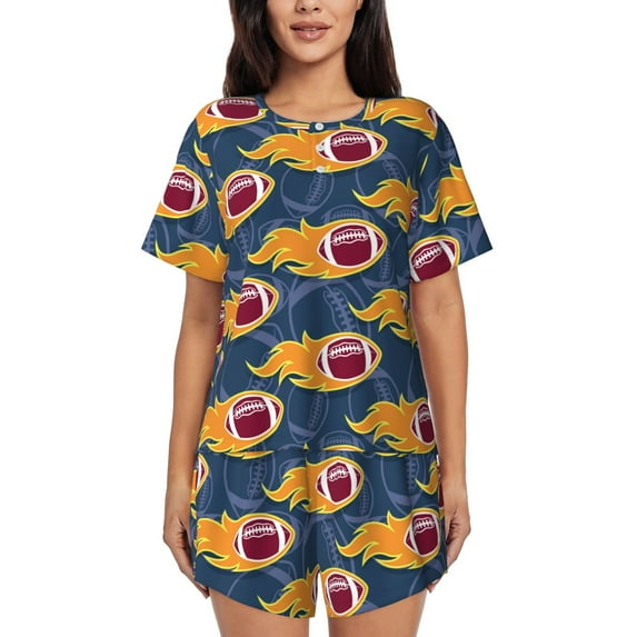 Gukieu Burning Rugby Balls Print Women's Short-sleeved Pajama Set, Round Neck Button Top Elastic Shorts 2-piece Set, Summer Home Leisure Clothing-3X-Large