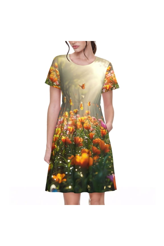 Butterflies In Flower Field Print Women's Short Sleeve Dress, Elastic Waistband A-line with Pockets Summer Dress, Suitable for Daily Leisure, Work, Vacation