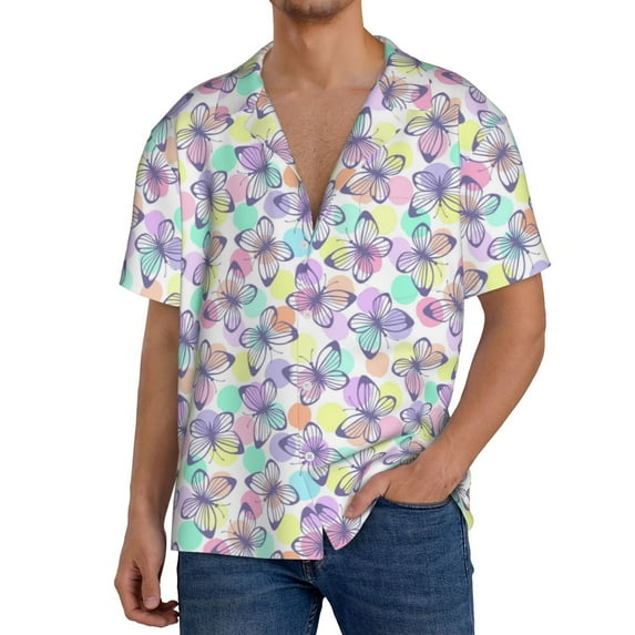 Gukieu Butterflies on Polka Dots Print Men's Short-sleeved Shirts, Button-down Pocket Shirts, T-shirts, Beach Vacation Travel Summer Clothing-Medium
