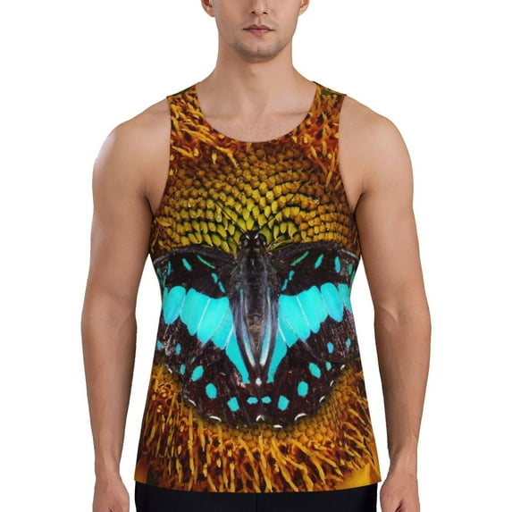 Gukieu Butterfly Alighted On Sunflowers Print Men's Quick Dry Fitness Vest, Round Neck Sleeveless Fitness Bodybuilding Top-4X-Large