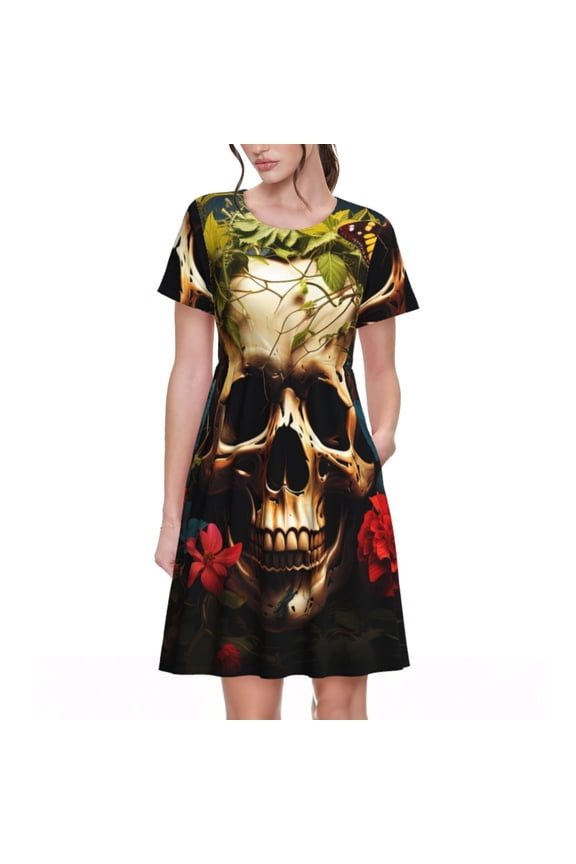 Butterfly Flower Plant Skull Print Women's Short Sleeve Dress, Elastic Waistband A-line with Pockets Summer Dress, Suitable for Daily Leisure, Work, Vacation