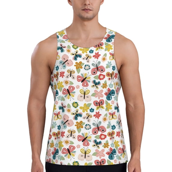 Gukieu Butterfly Flowers Print Men's Quick Dry Fitness Vest, Round Neck Sleeveless Fitness Bodybuilding Top-Medium