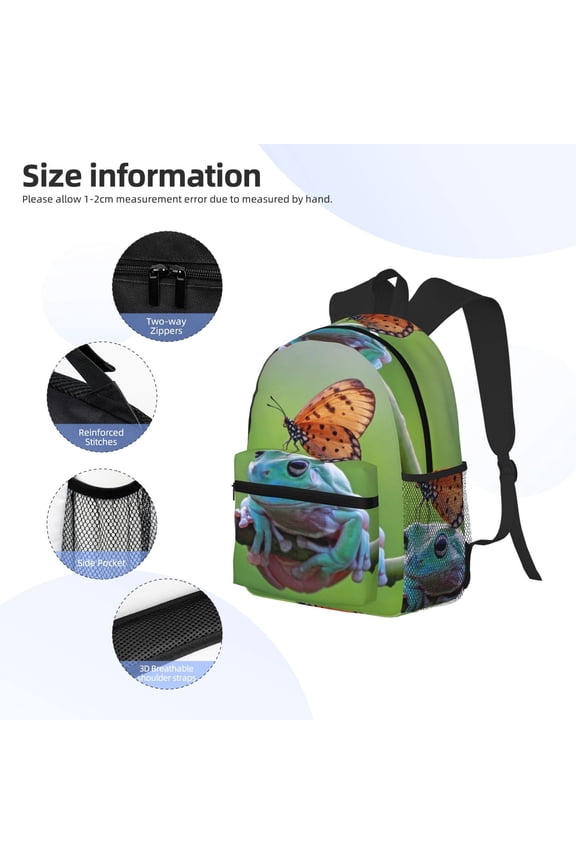 Butterfly Landing On Head Dumpy Frog Print Backpack, Waterproof Backpack with Adjustable Shoulder Straps, Suitable for Campus, Business, Travel, Unisex