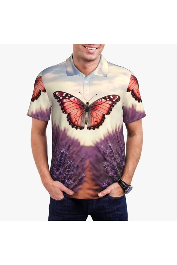 Butterfly Over Lavender Print Men's Quick-drying POLO Shirt, Button-down Summer T-shirt, Suitable for Work and Outdoor Activities-Small