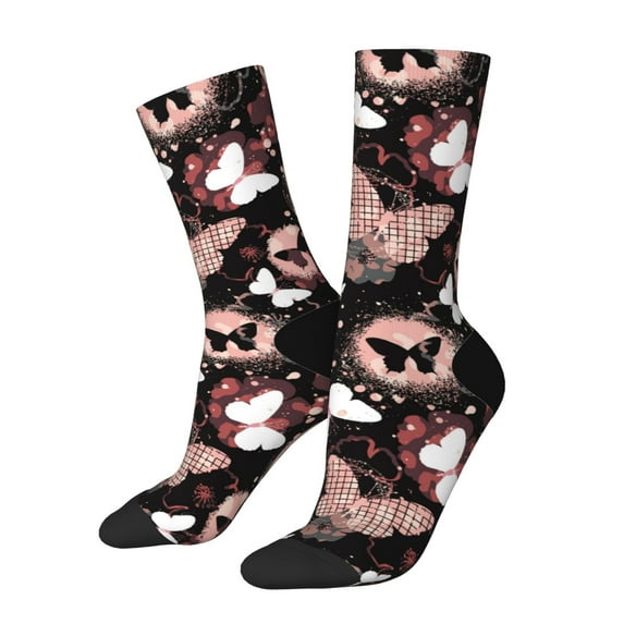 Gukieu Butterfly Print Contrast Color Mid-calf Socks, Sweat-wicking Athletic Socks, Unisex Clothing Accessories