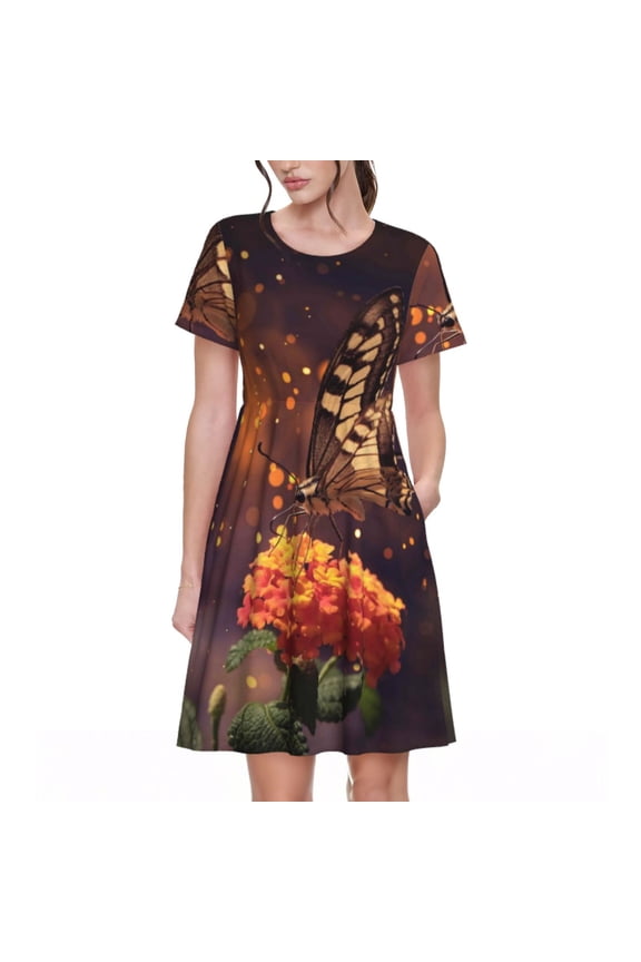 Butterfly Sitting on a Flower Print Women's Short Sleeve Dress, Elastic Waistband A-line with Pockets Summer Dress, Suitable for Daily Leisure, Work, Vacation