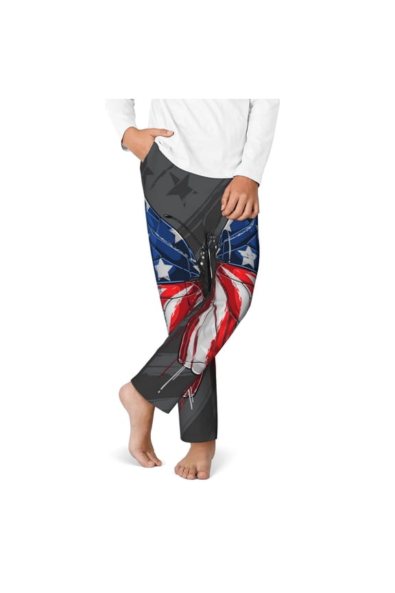 Butterfly With USA Flag Print Youth Home Trousers, Elastic Waistband with Pockets for Home and Outing, Suitable for Children Aged 5-16-XS(5-6)
