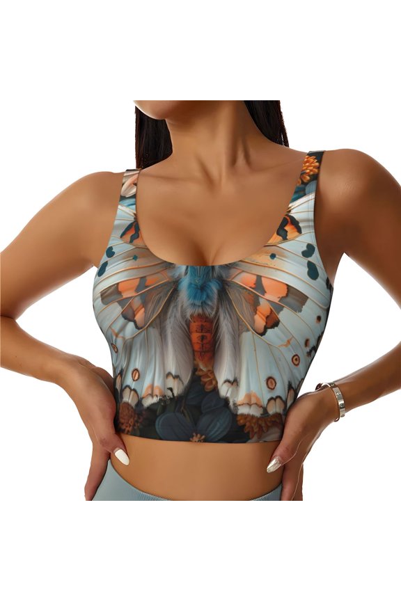 Butterfly and Bloom Beauty Print Women's Sports Vest, Low-neck U-shaped Removable Pad Sports Bra for Yoga, Exercise, Dance-X-Large
