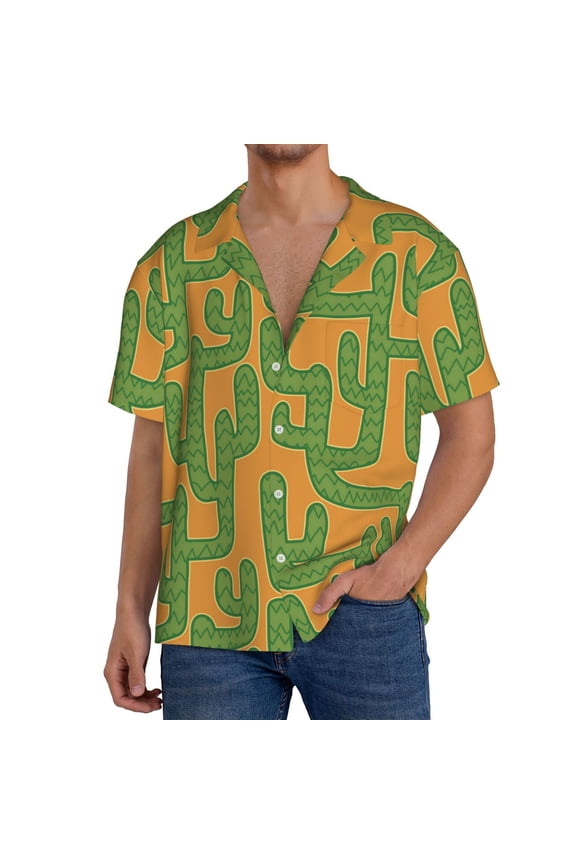 Cactus 2 Print Men's Short-sleeved Shirts, Button-down Pocket Shirts, T-shirts, Beach Vacation Travel Summer Clothing-Medium