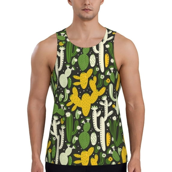 Gukieu Cactus 4 Print Men's Quick Dry Fitness Vest, Round Neck Sleeveless Fitness Bodybuilding Top-Medium