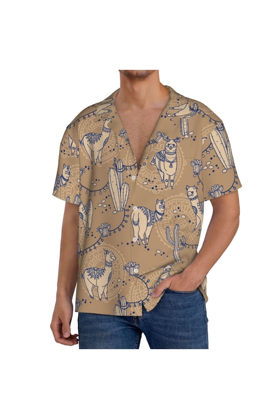 Cactus Alpaca Print Men's Short-sleeved Shirts, Button-down Pocket Shirts, T-shirts, Beach Vacation Travel Summer Clothing-Small