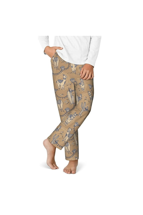 Cactus Alpaca Print Youth Home Trousers, Elastic Waistband with Pockets for Home and Outing, Suitable for Children Aged 5-16-Medium
