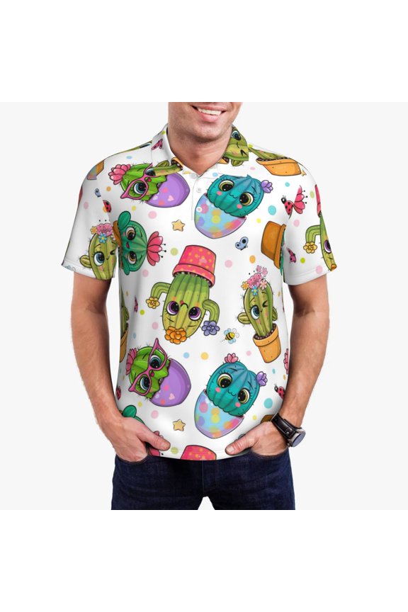 Cactus And Insects Print Men's Quick-drying POLO Shirt, Button-down Summer T-shirt, Suitable for Work and Outdoor Activities-Medium