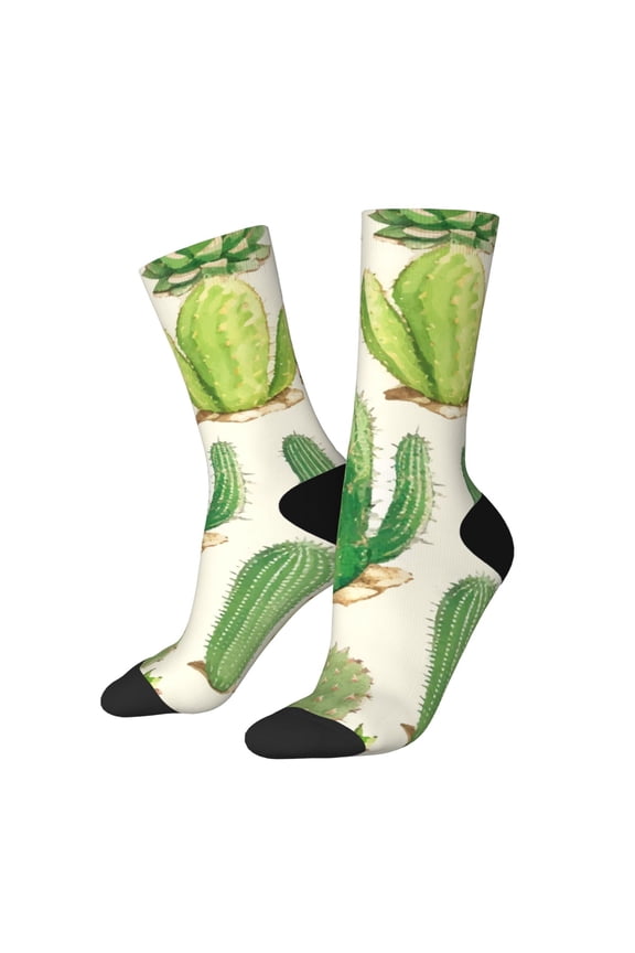 Cactus And Succulent Print Contrast Color Mid-calf Socks, Sweat-wicking Athletic Socks, Unisex Clothing Accessories