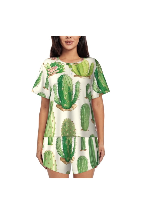 Cactus And Succulent Print Women's Short-sleeved Pajama Set, Round Neck Button Top Elastic Shorts 2-piece Set, Summer Home Leisure Clothing-Small