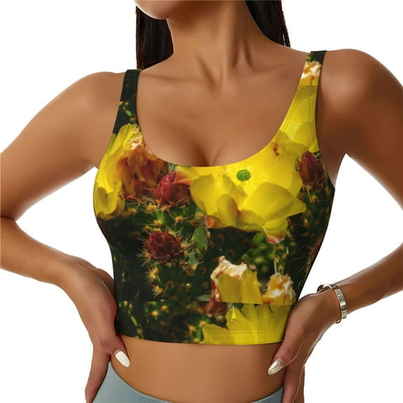 Gukieu Cactus Flowers Print Women's Sports Vest, Low-neck U-shaped Removable Pad Sports Bra for Yoga, Exercise, Dance-X-Large