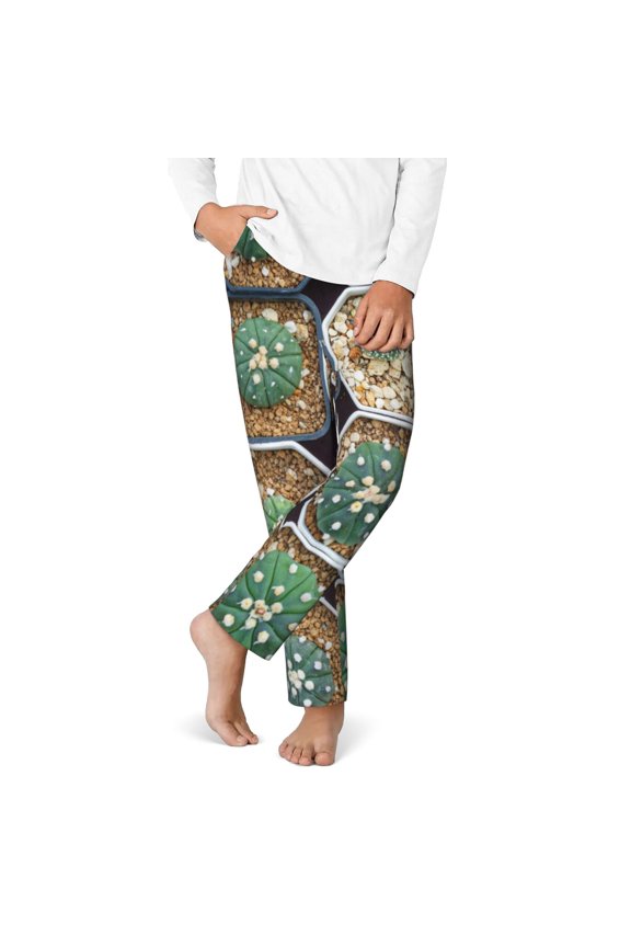 Cactus Garden Print Youth Home Trousers, Elastic Waistband with Pockets for Home and Outing, Suitable for Children Aged 5-16-Medium