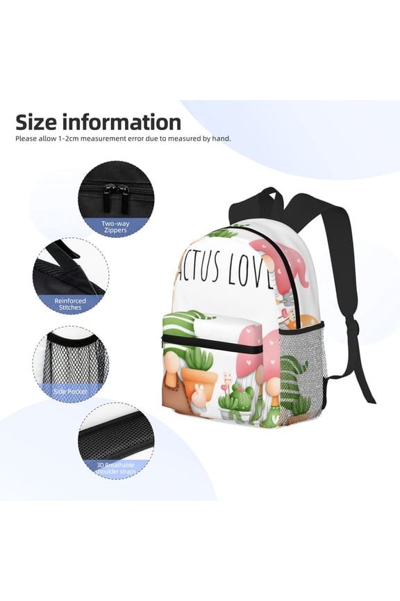 Cactus Gnome Print Backpack, Waterproof Backpack with Adjustable Shoulder Straps, Suitable for Campus, Business, Travel, Unisex