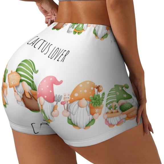 Gukieu Cactus Gnome Print Women's Sports Shorts, Elastic Waist High Stretch Running Yoga Gym Sweatpants-Small