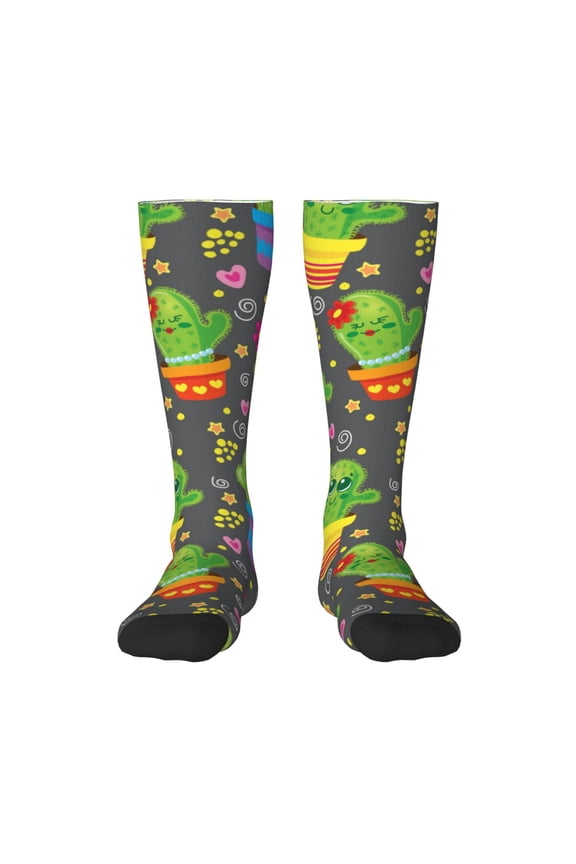 Cactus In Pots Print Contrast Color Stockings, Elastic Sports Socks Warm Socks Clothing Accessories, Adult Unisex